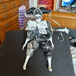 Vintage Black and White Harlequin Porcelain Jester / Joker Posable Doll